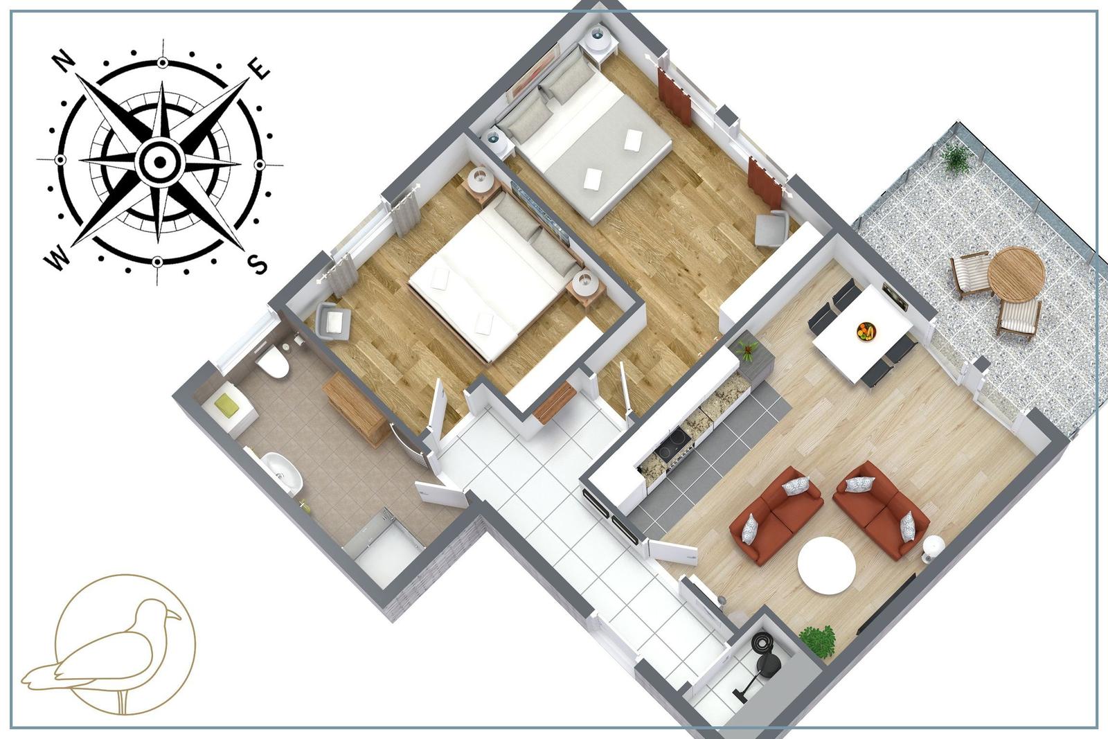 Zweizimmerwohnung mit Küche, Bad und Terrasse. Modern eingerichtet.