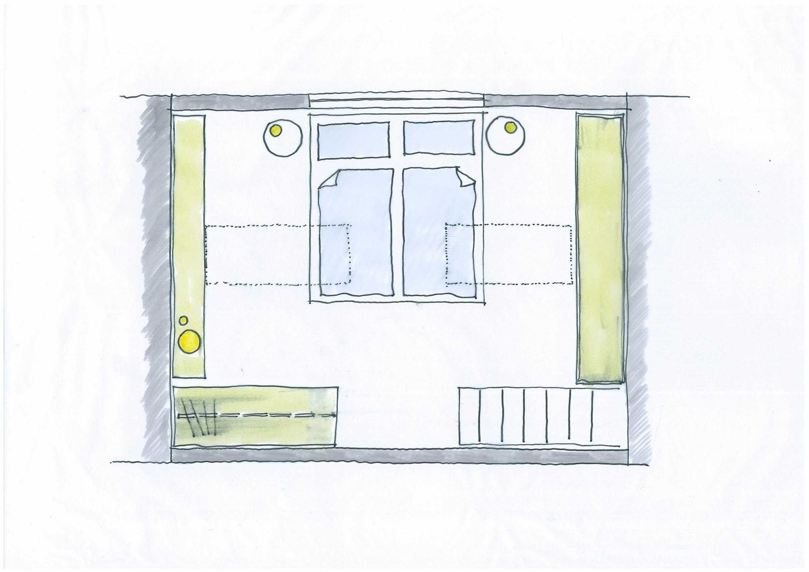 Raumplan mit Bett, Schränken und Fenstern
