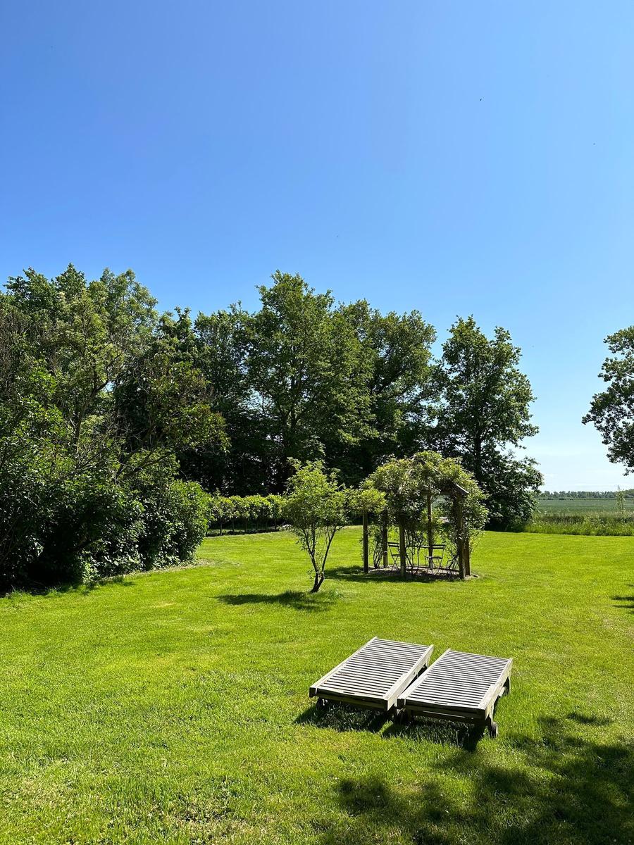 Haus mit strohgedecktem Dach, umgeben von Gras und Bäumen, fotografiert durch Blätter.