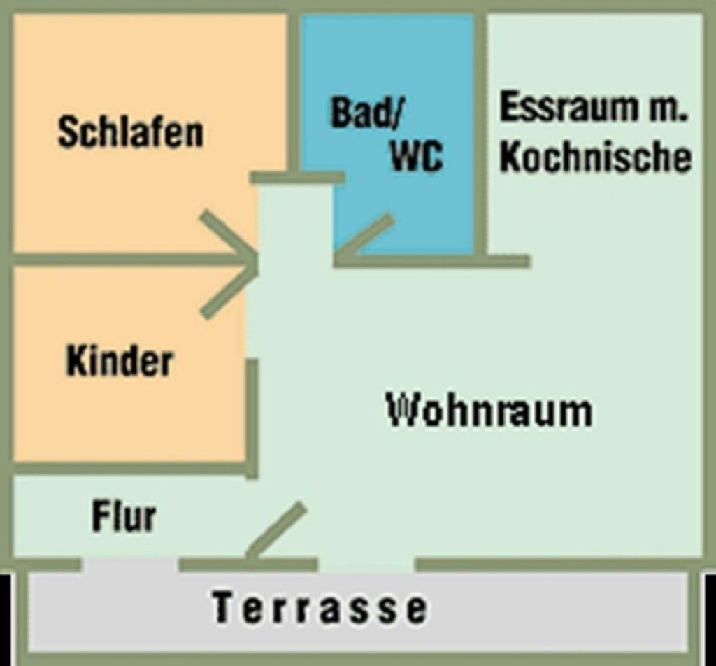 Apartment with bedroom, childrens room, bathroom, dining and living area, and terrace.