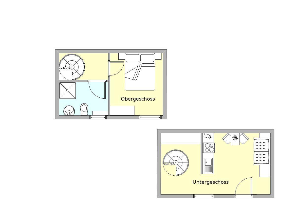 Obergeschoss mit Schlafzimmer und Bad. Untergeschoss mit Küche und Schlafbereich.