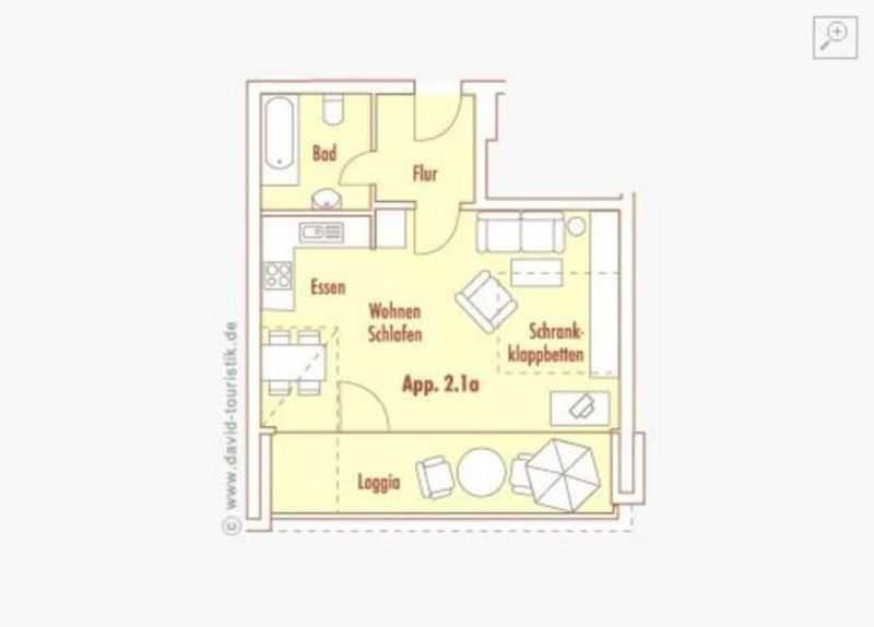 Appartement mit Wohn- und Schlafbereich, Küche, Bad und Loggia.