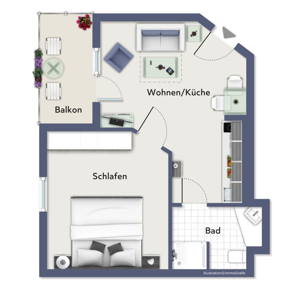 Wohnung mit Schlafzimmer, Küche, Bad und Balkon. Möbliert und modern eingerichtet.