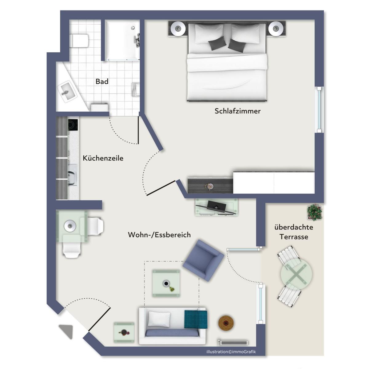 Wohnung mit Schlafzimmer, Bad, Küche und überdachter Terrasse.