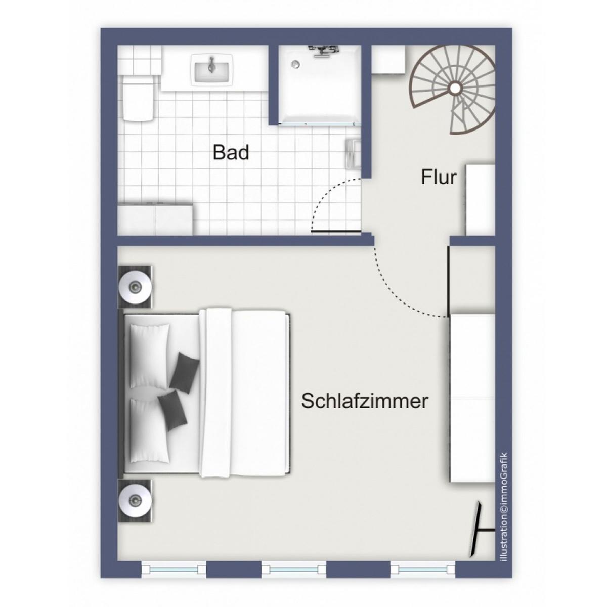 Wohn-Essbereich mit Balkon und Küchenzeile. Möbel und Einrichtung sind eingezeichnet.