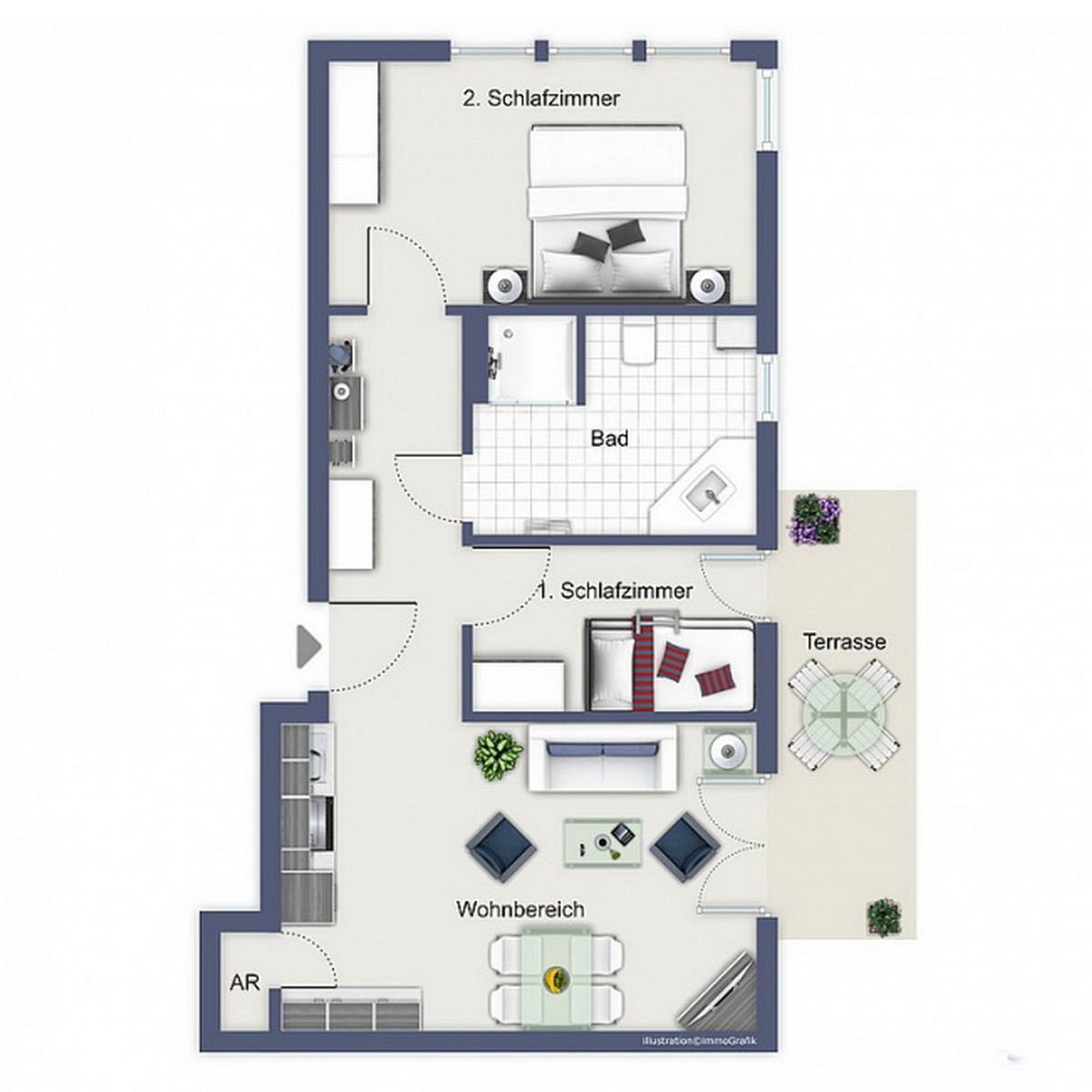 Zweizimmerwohnung mit Bad, Terrasse und Wohnbereich. Küche und AR sind integriert.