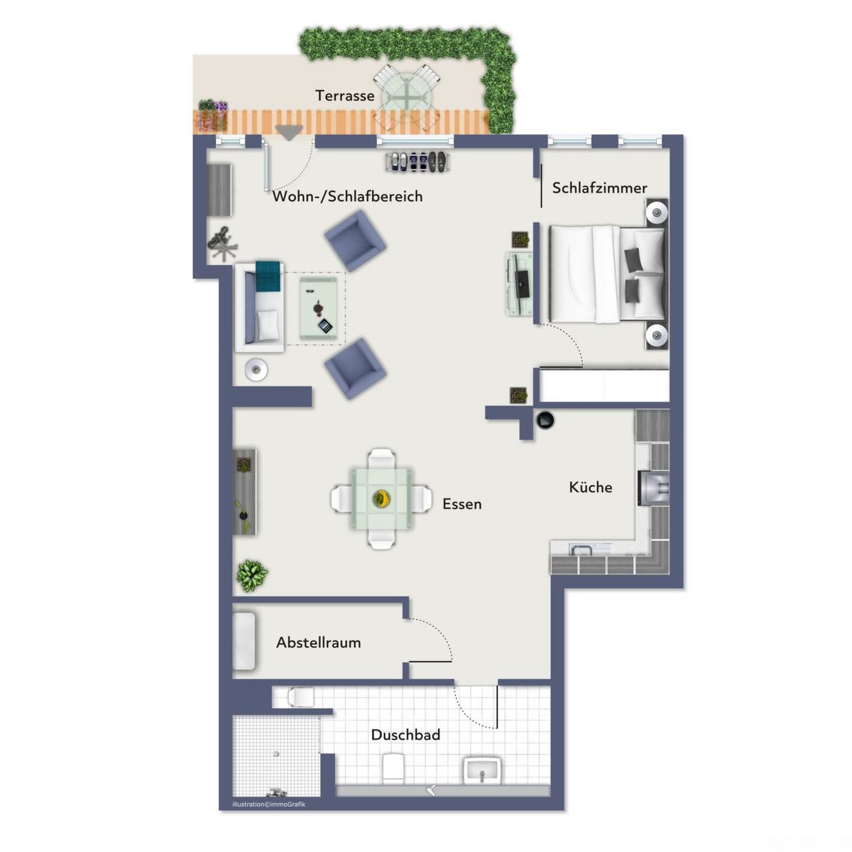 Wohnung mit Schlafzimmer, Küche, Essbereich, Duschbad und Terrasse.