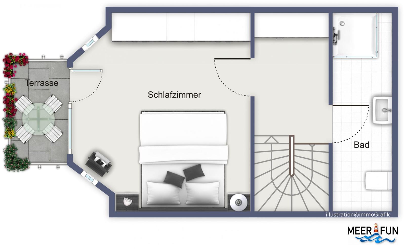 Wohn-Essbereich mit Sofa, Sessel, Esstisch und Küchenbereich