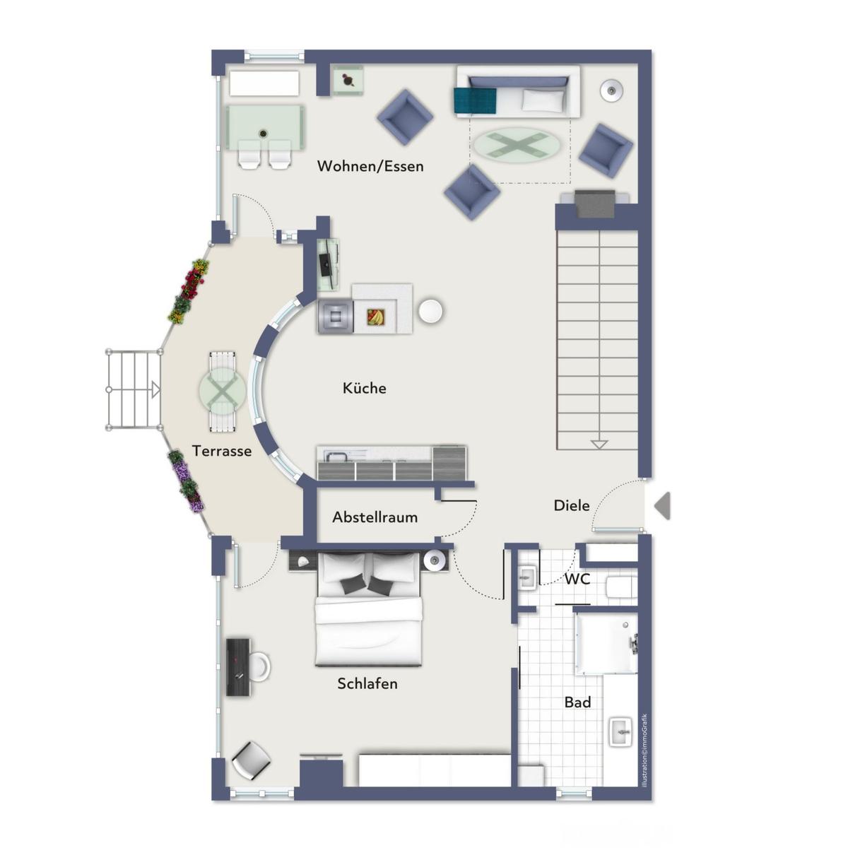 Wohnung mit Schlafzimmer, Bad, Sauna, Wohn-Essbereich und Terrasse.