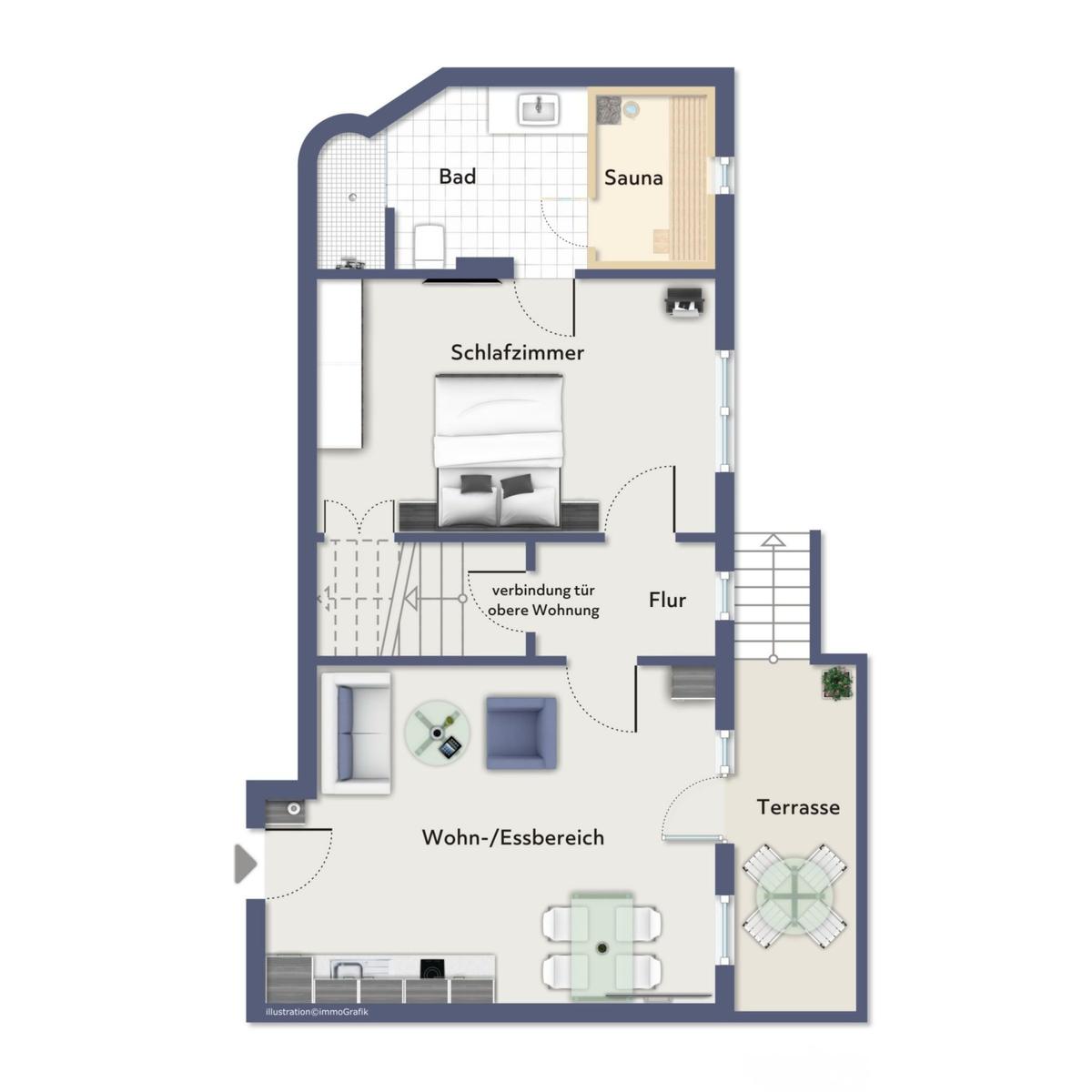 Haus Rheingold mit Balkon und Dachterrasse, umgeben von grünen Bäumen und einem Heckenzaun.