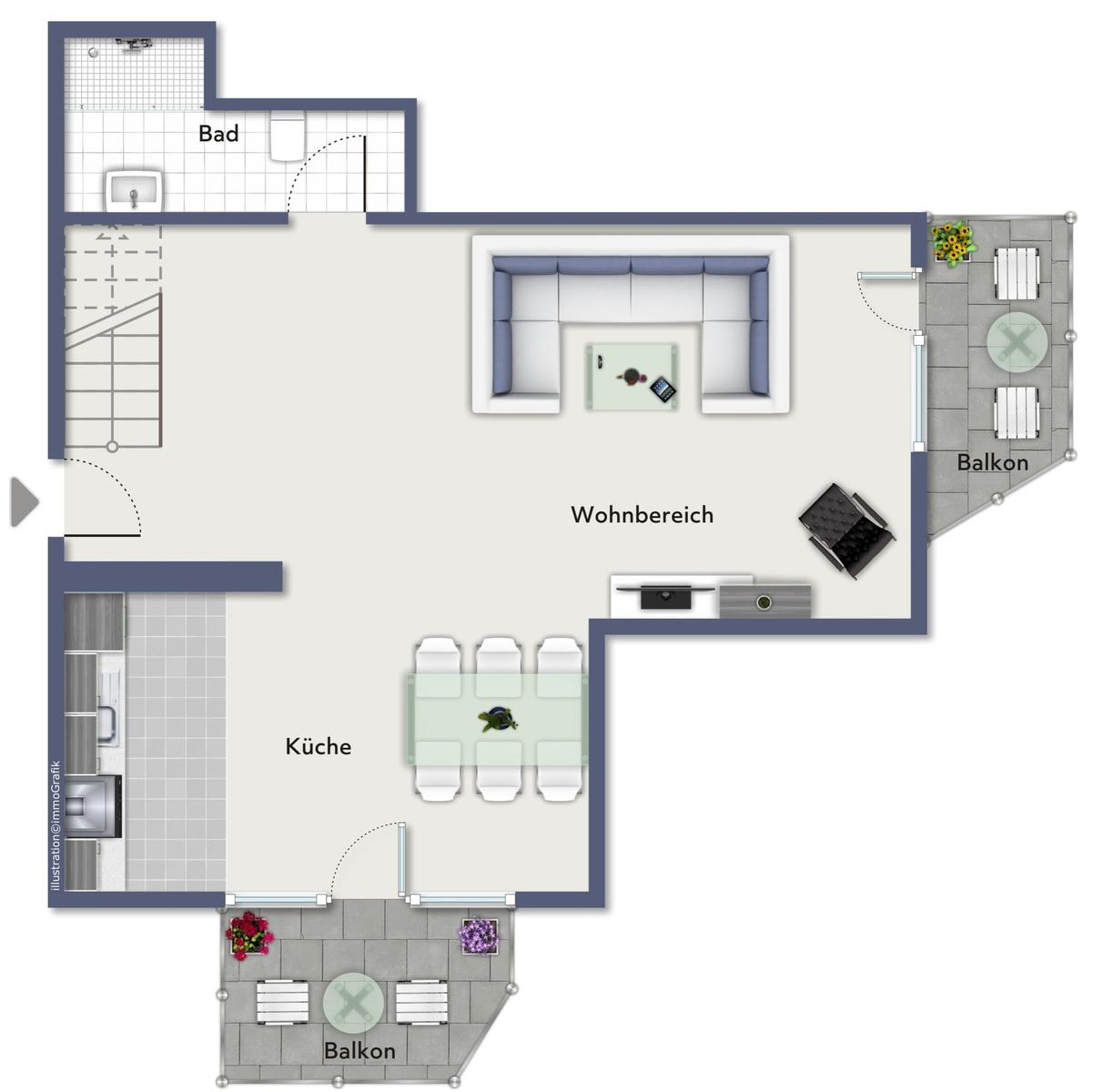 Zwei Schlafzimmer mit jeweils einem Bett und Flur mit Treppenhaus.