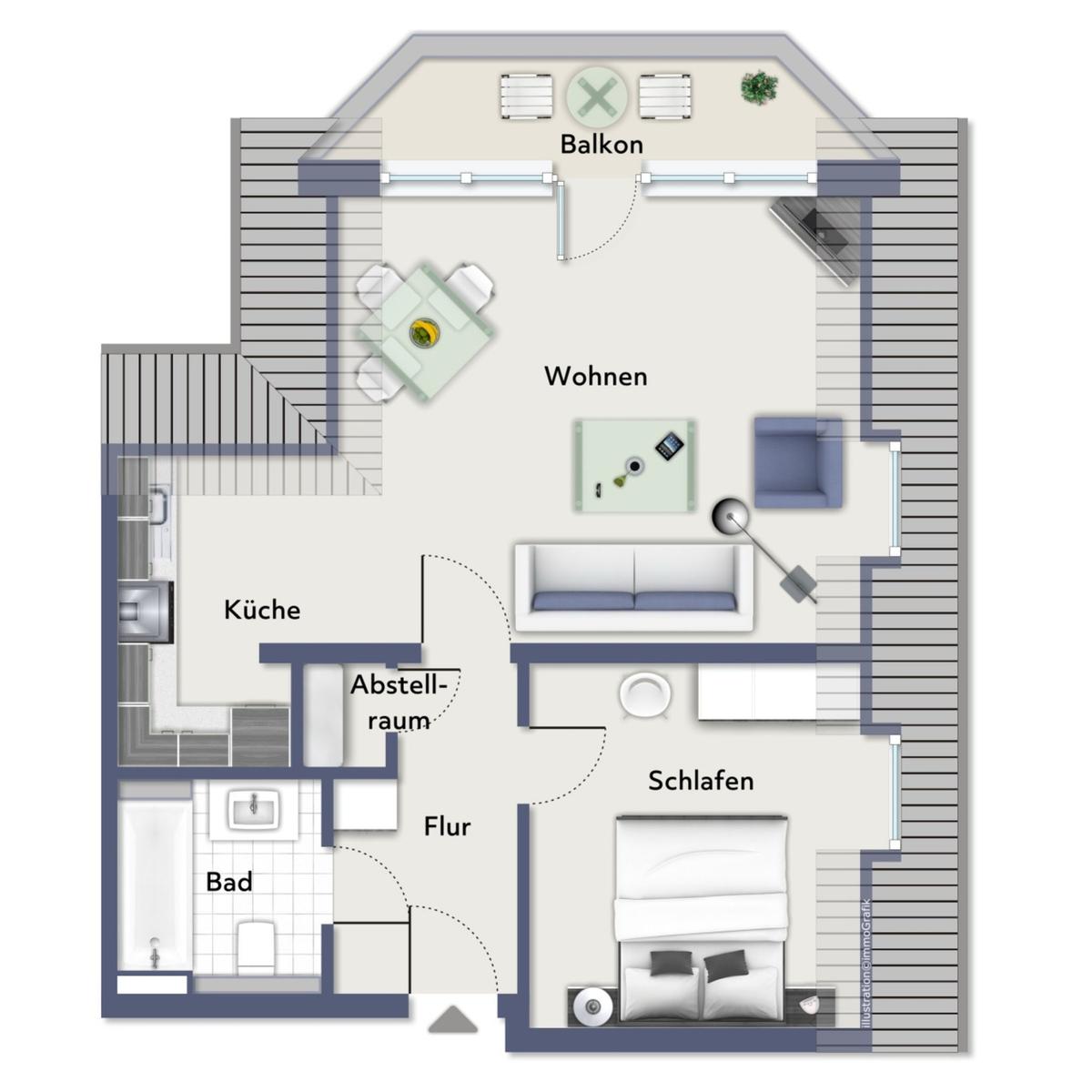 Wohnung mit Wohnzimmer, Küche, Schlafzimmer, Bad und Balkon.