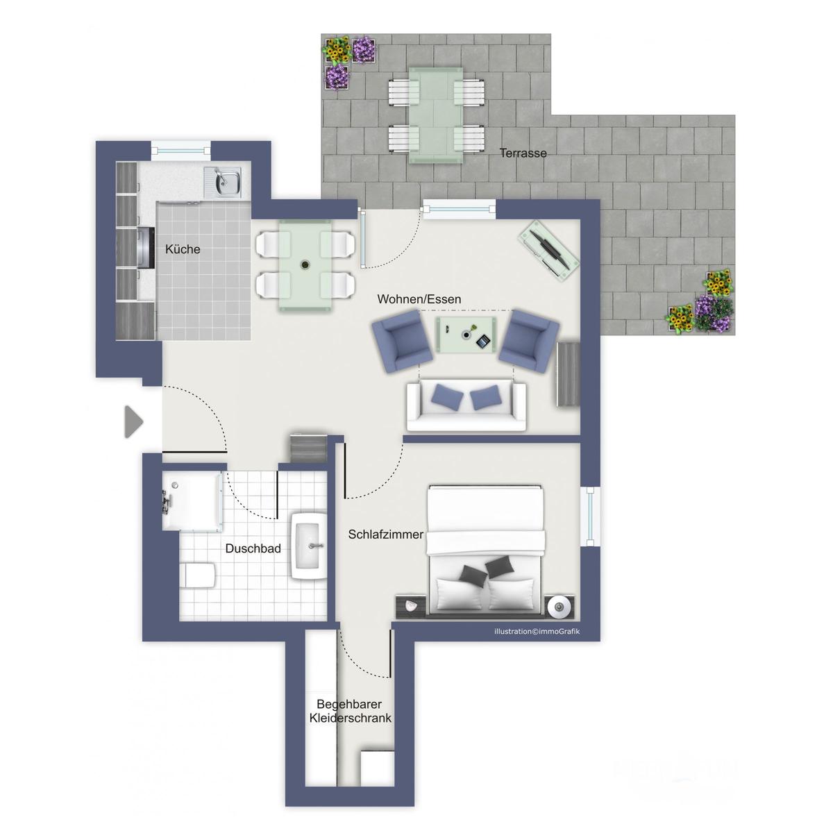 Wohnung mit Küche, Wohnbereich, Schlafzimmer, Duschbad und Terrasse.