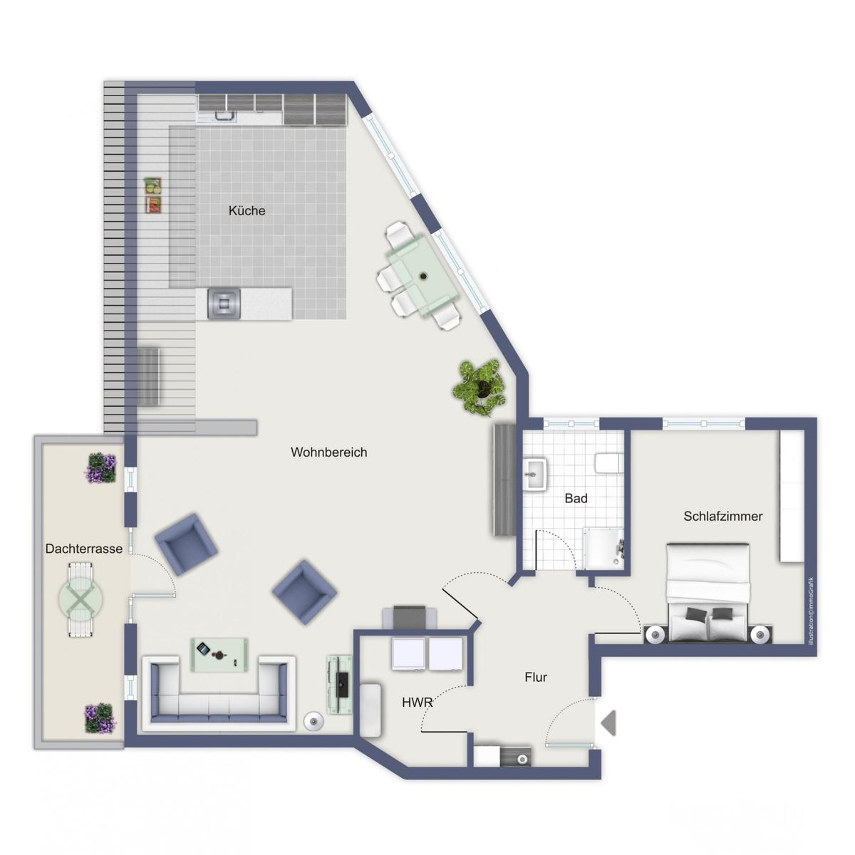 Dieses Apartment hat eine Küche, Wohnbereich, Schlafzimmer, Bad und Dachterrasse.