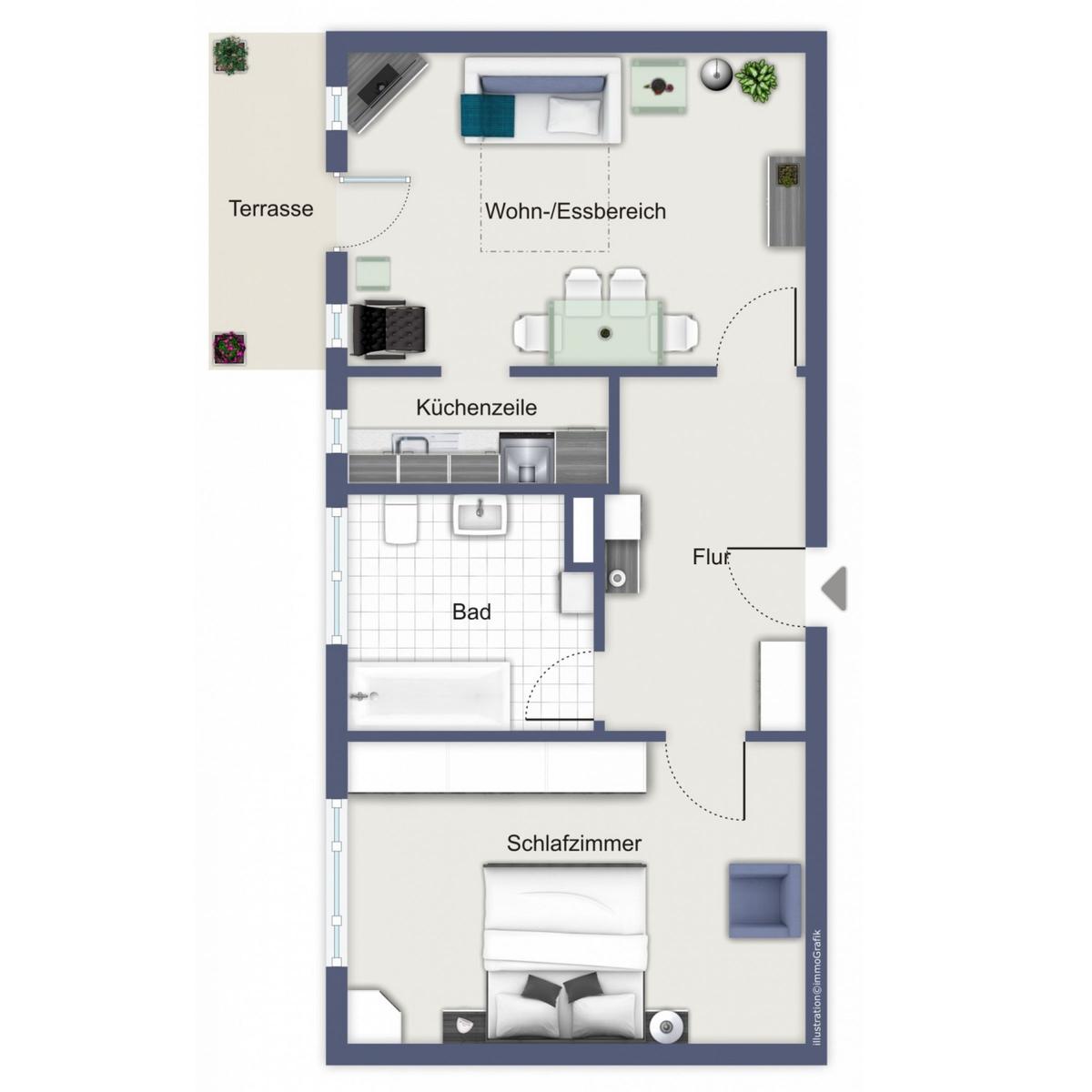 Wohnung mit Schlafzimmer, Bad, Küche und Terrasse. Wohn- und Essbereich mit Tisch.