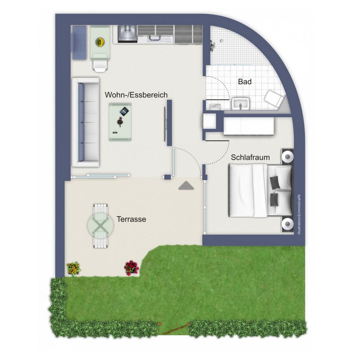 Wohnung mit Wohn-Essbereich, Schlafzimmer, Bad und Terrasse mit Garten.