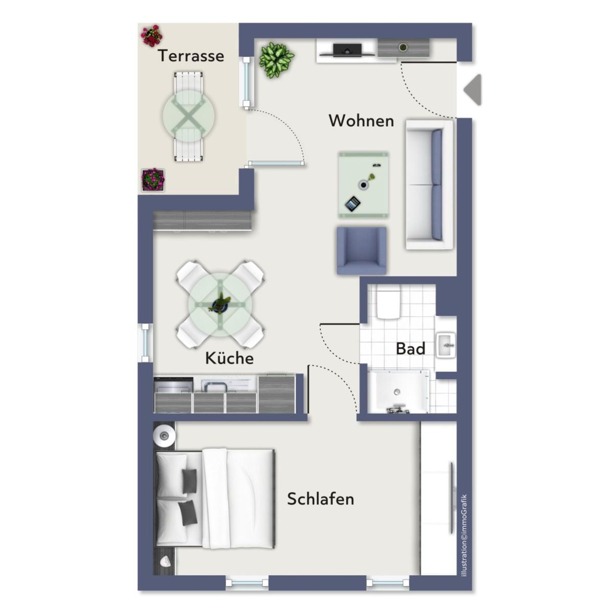 Wohnung mit Schlafzimmer, Küche, Bad und Terrasse. Wohnbereich mit Sofa und Esstisch.