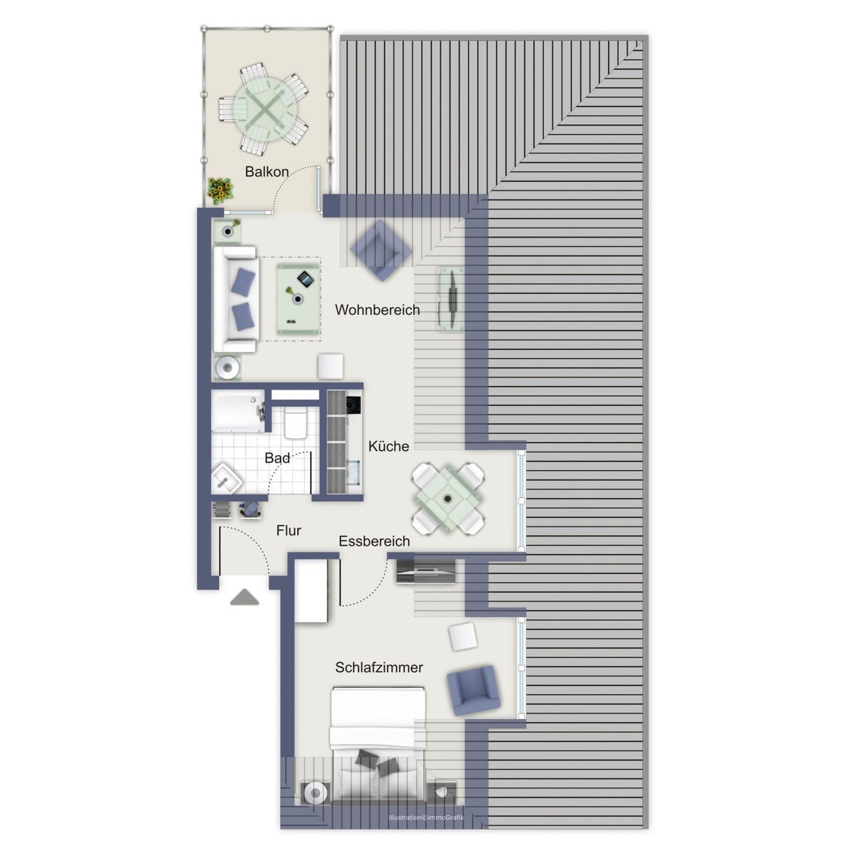 Wohnung mit Schlafzimmer, Küche, Bad und Balkon. Wohn- und Essbereich separat.