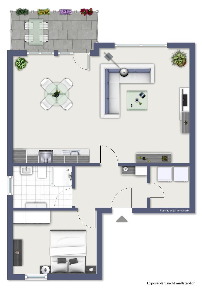 Dieses Apartment verfügt über eine Küche, ein Bad, ein Schlafzimmer und eine Wohnküche mit Balkon.