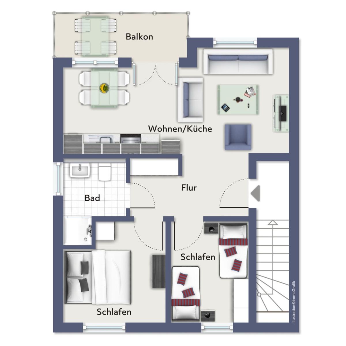 Wohnung mit Küche, Wohnbereich, Bad und zwei Schlafzimmern sowie Balkon.