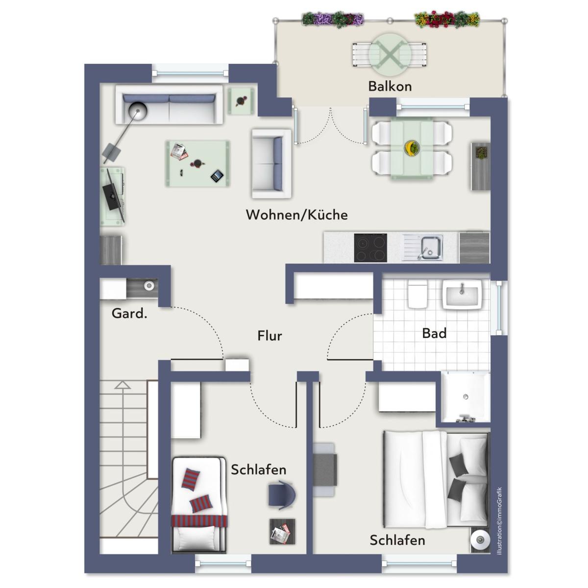 Wohnung mit zwei Schlafzimmern, Küche, Bad und Balkon. Gartenbereich vorhanden.