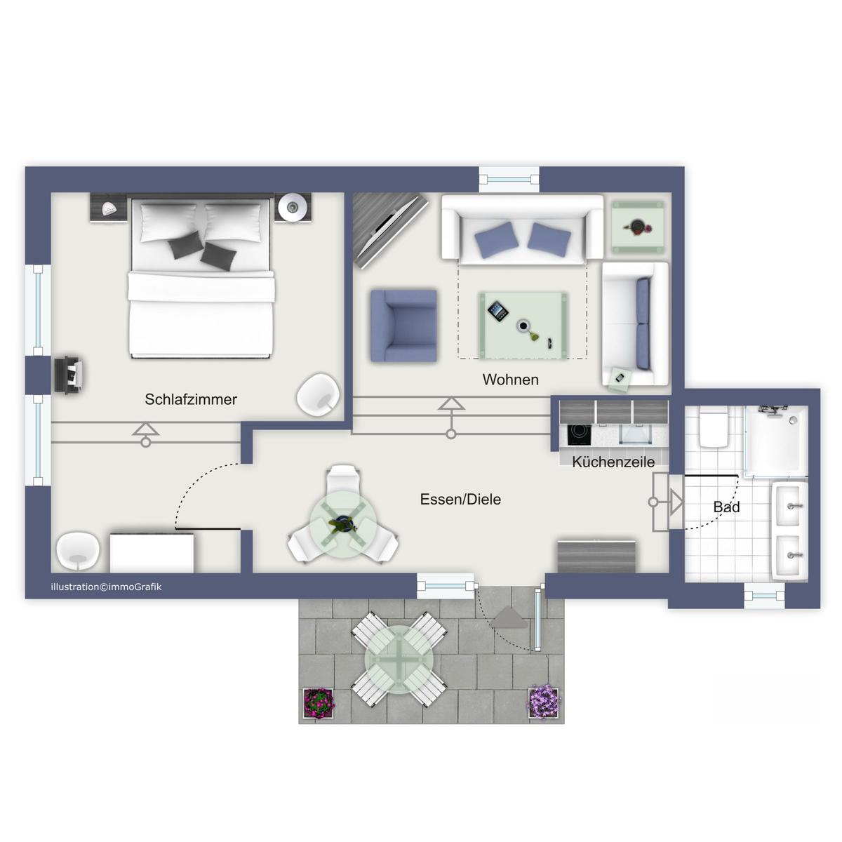 Das Apartment hat Schlafzimmer, Wohnen, Essbereich, Küche und Bad.