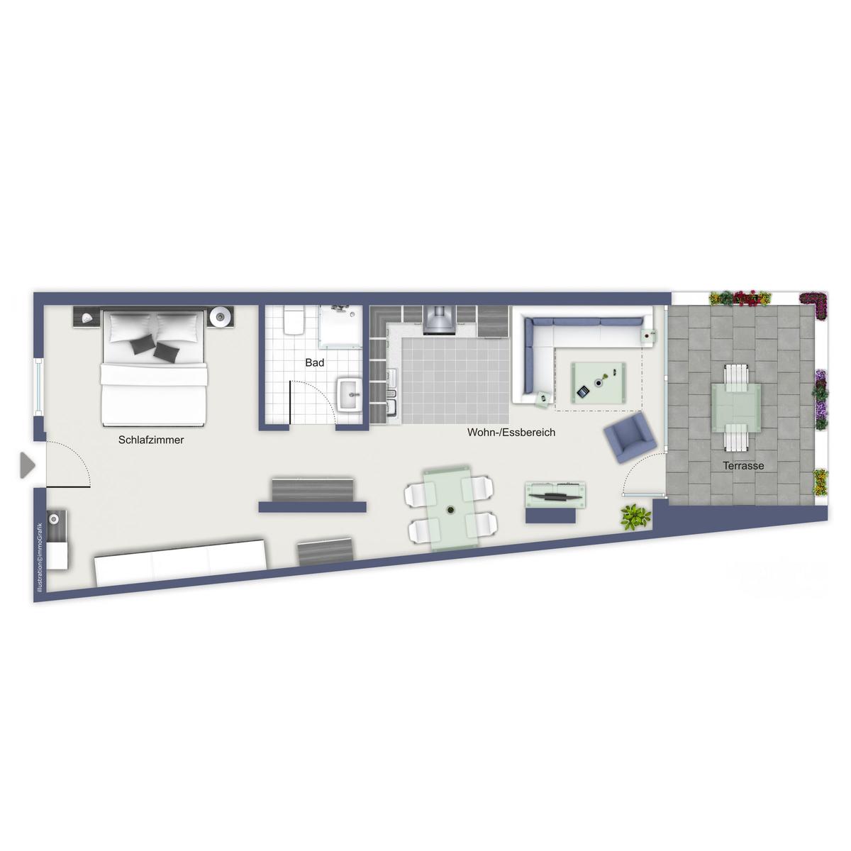 Wohnung mit Schlafzimmer, Bad, Wohn-Essbereich und Terrasse.