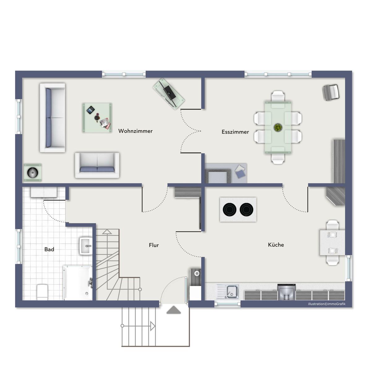 Drei Schlafzimmer, Flur und Bad. Eine Treppe führt nach oben.