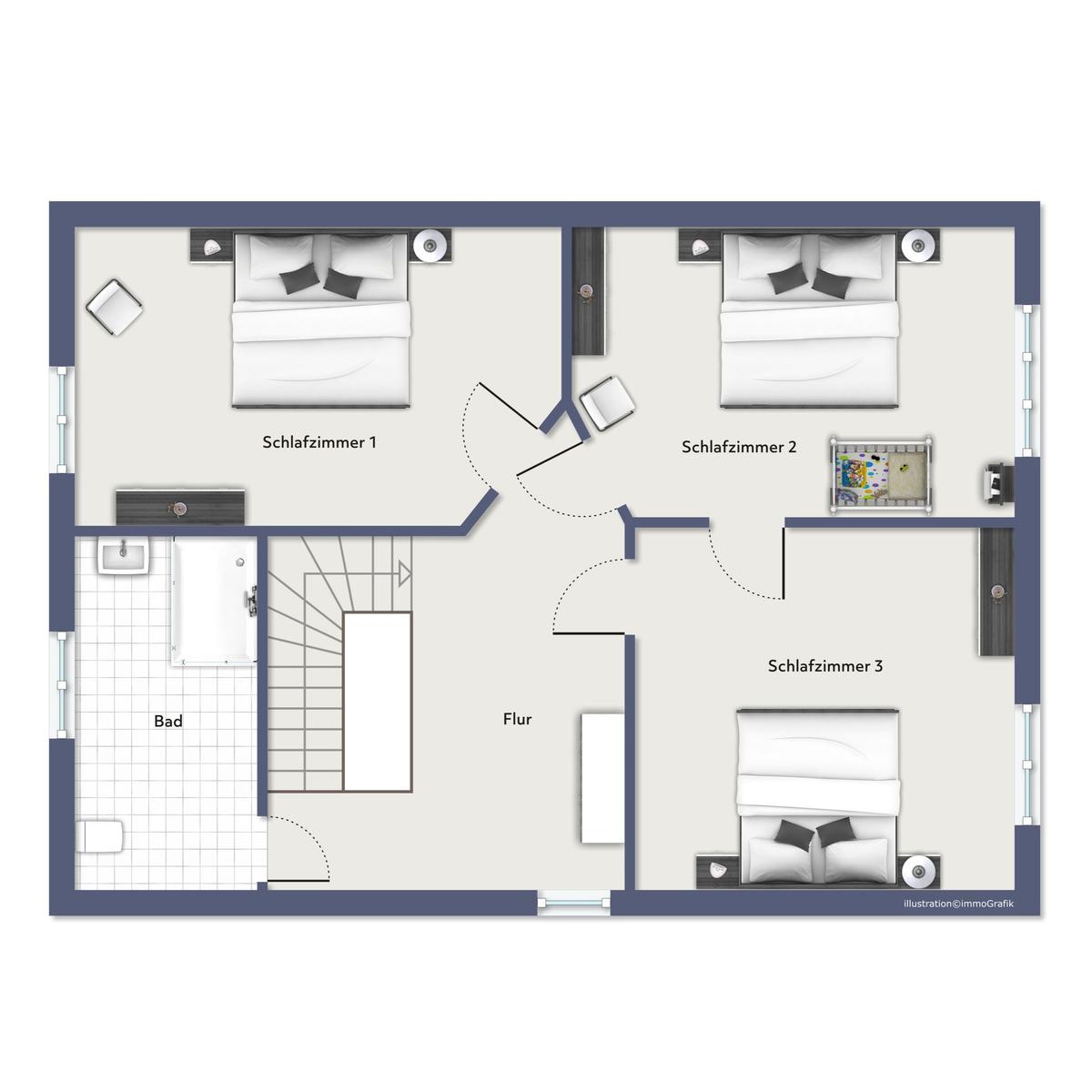Haus mit rotem Dach und Garten. Nebenhaus mit Holzverkleidung.
