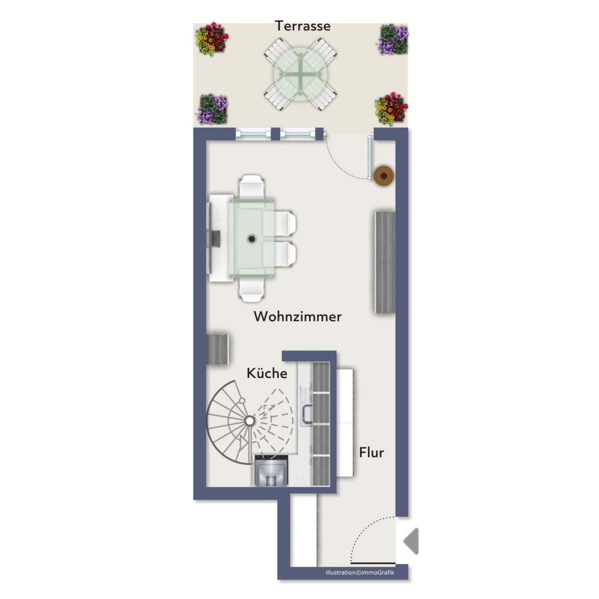 Wohnzimmer mit Terrasse, Küche und Flur. Raumübersicht mit Möbeln.