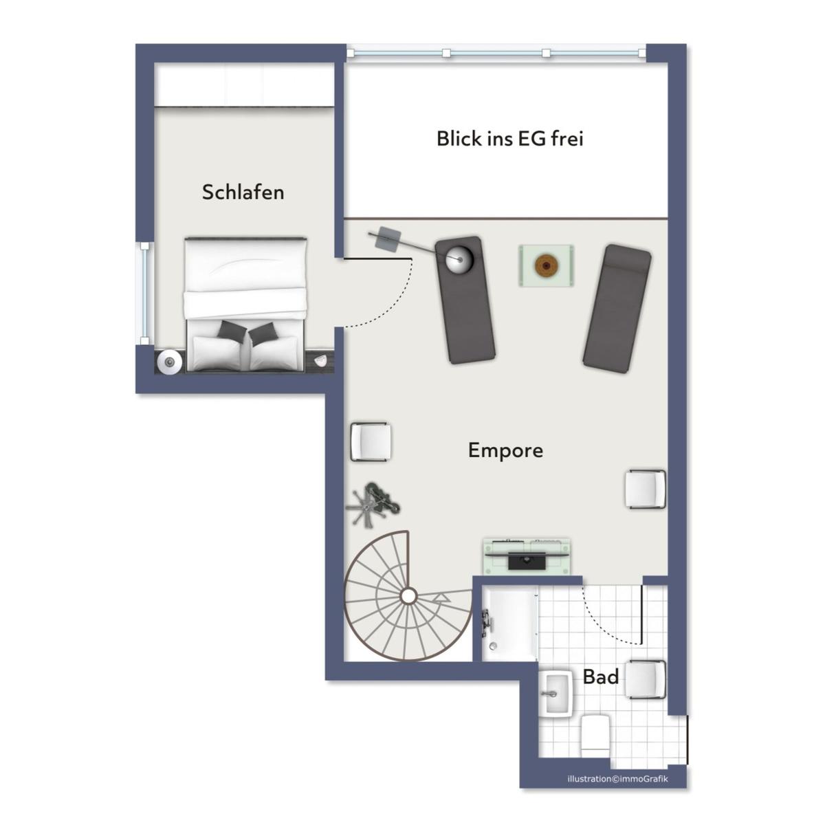 Schlafzimmer, Empore, Bad und Blick ins Erdgeschoss