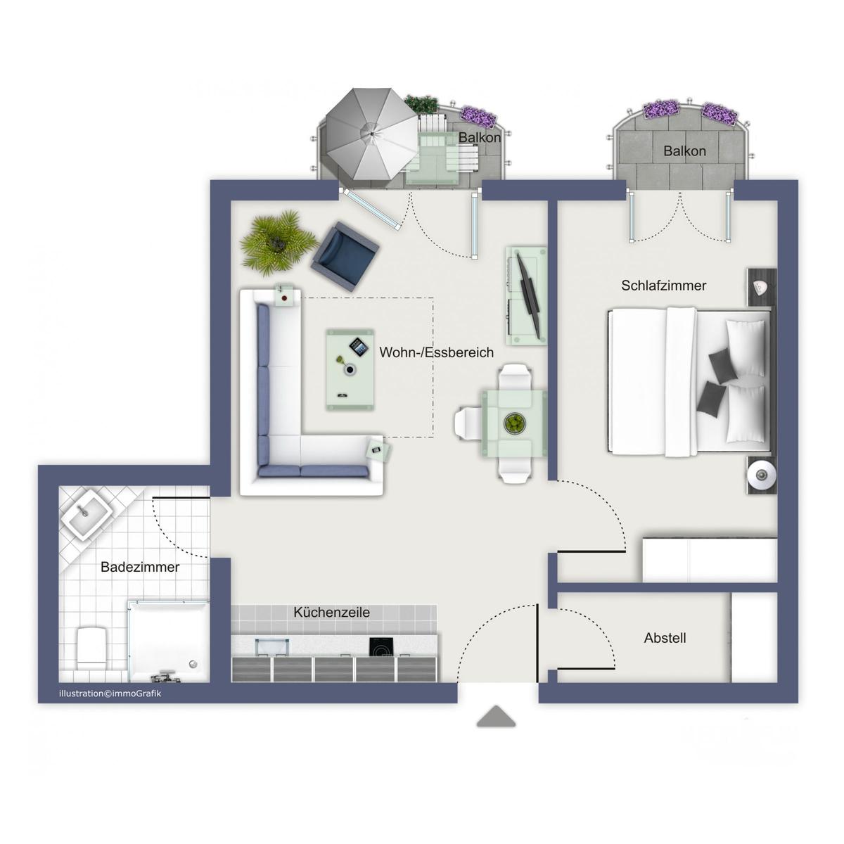 Wohnung mit Schlafzimmer, Wohn-Essbereich, Küche, Bad und zwei Balkonen.