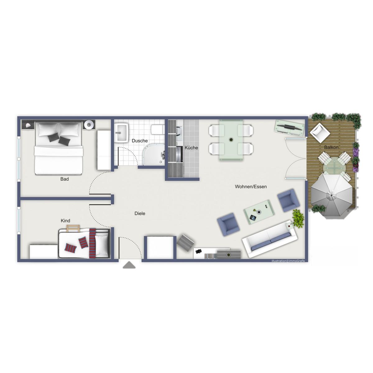 Wohnung mit Schlafzimmer, Bad, Küche und Balkon.