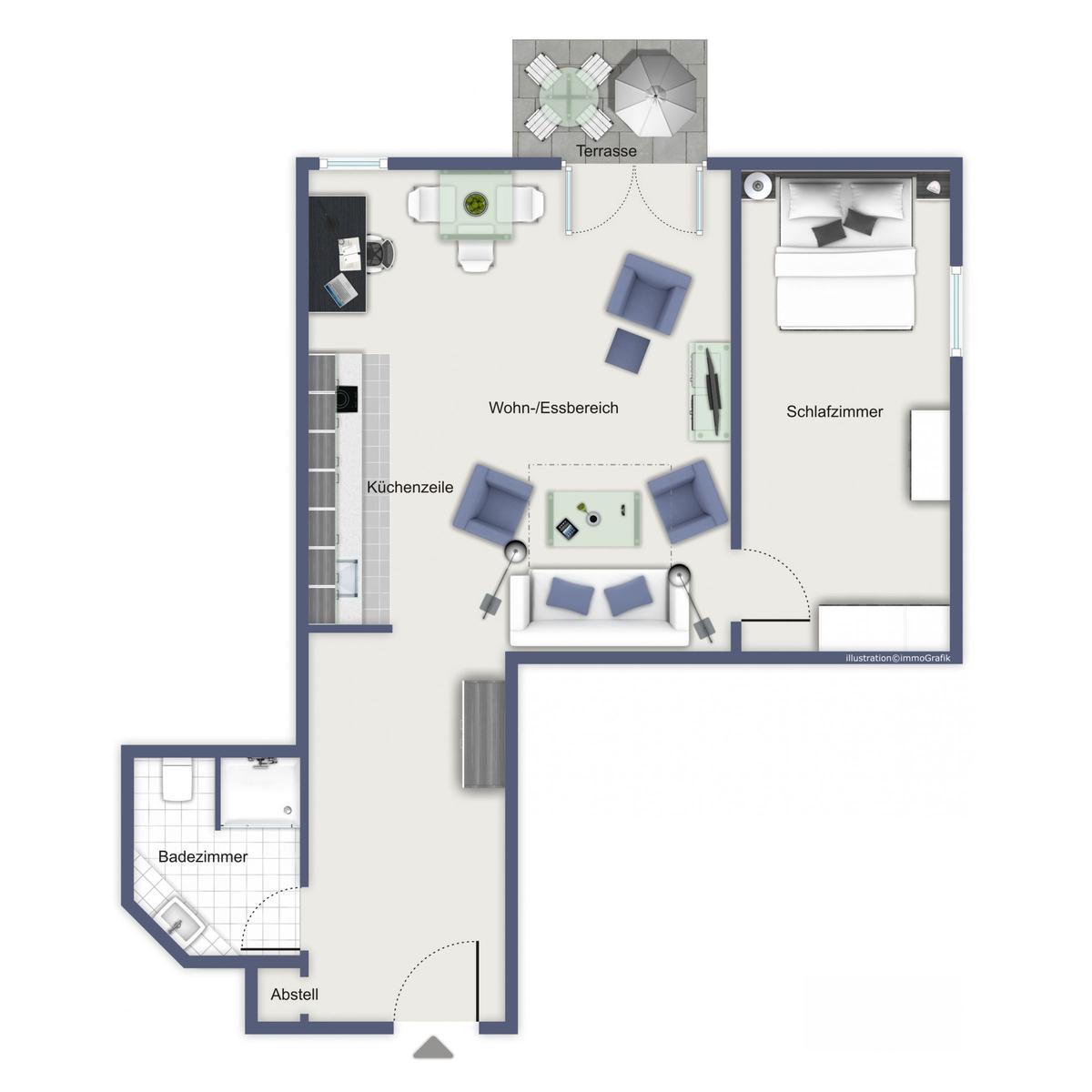 Wohnung mit Schlafzimmer, Wohn-Essbereich, Küche, Badezimmer und Terrasse.