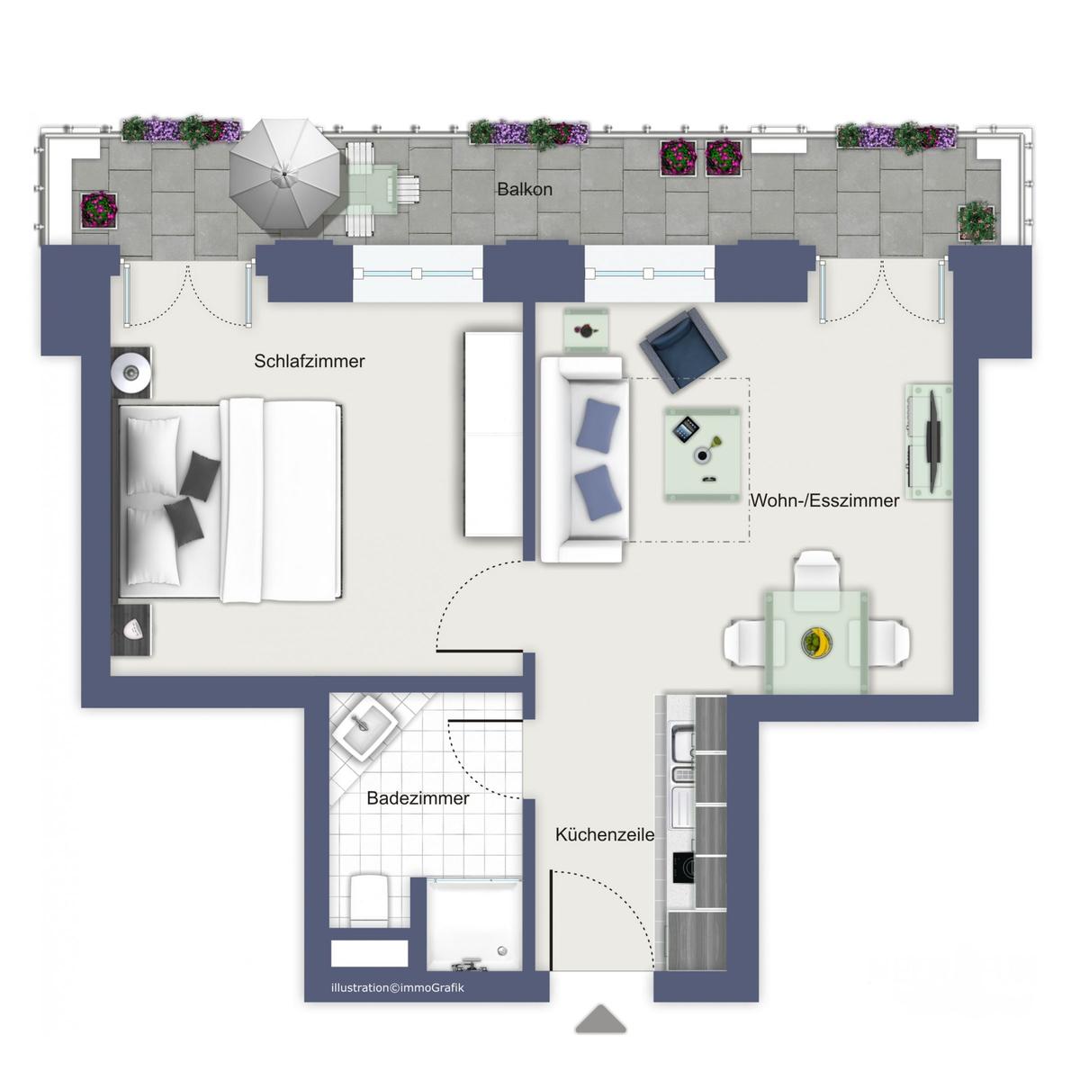 Dieses Apartment hat ein Schlafzimmer, Wohn-Esszimmer, Badezimmer und Küche mit Balkon.