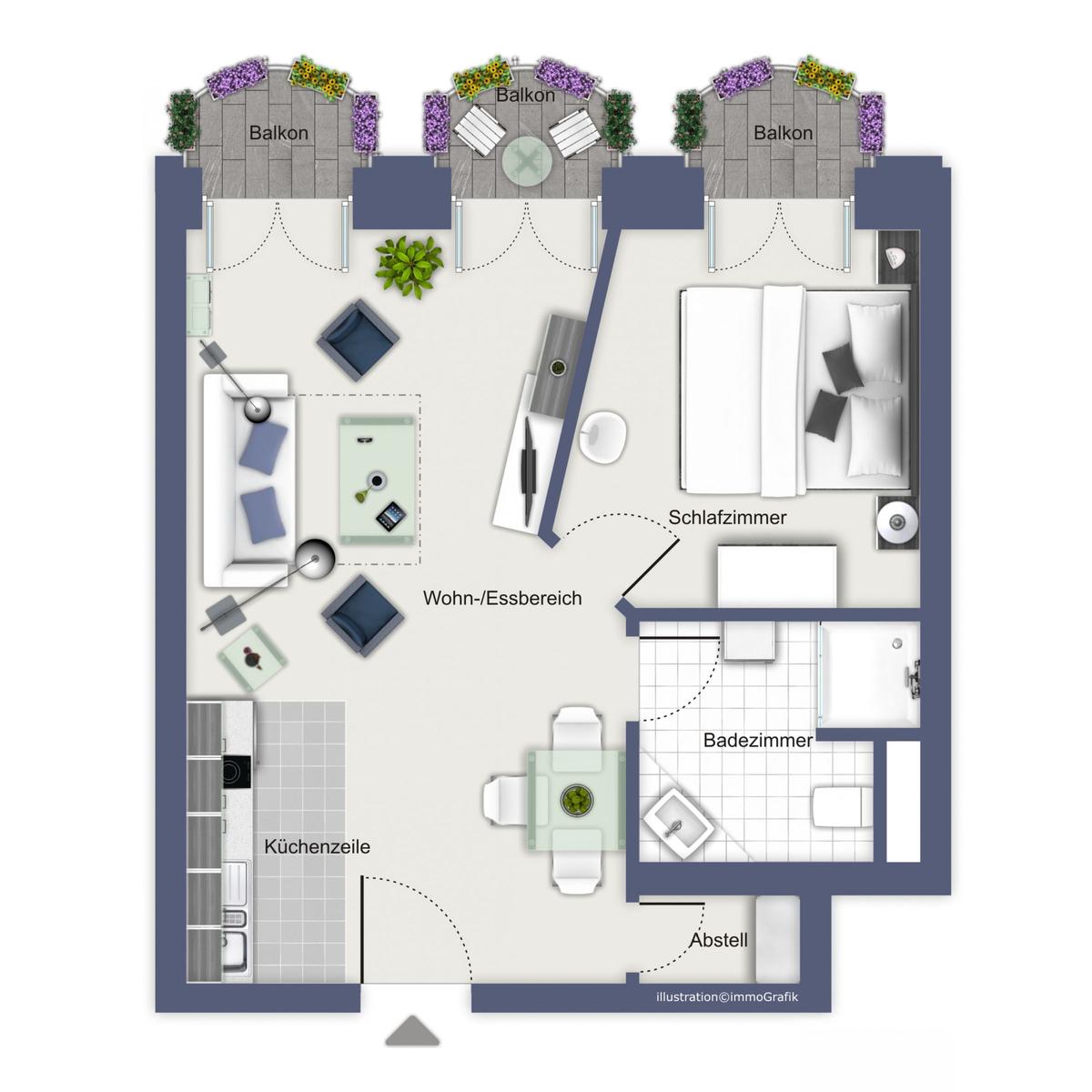 Wohnung mit Schlafzimmer, Bad, Küche und drei Balkonen.