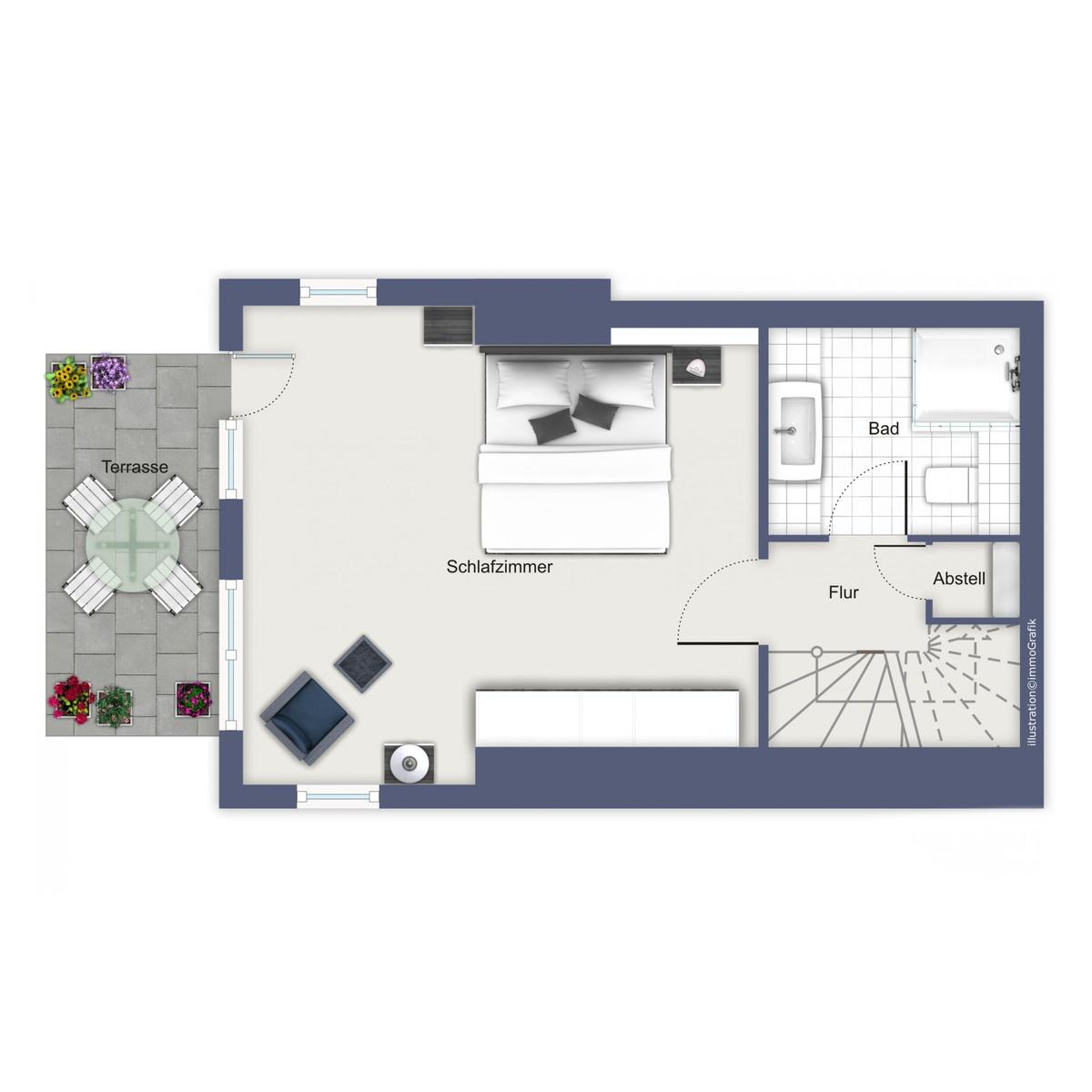 Wohn-Essbereich mit Sofa, Esstisch, Küche und Treppe