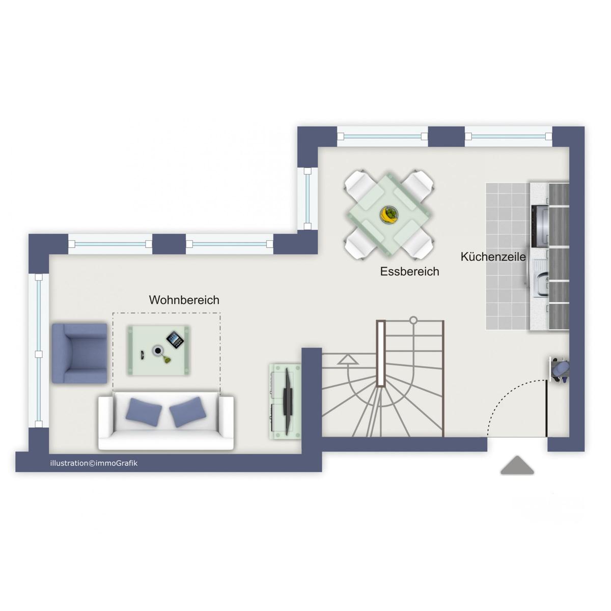Ein mehrstöckiges Haus mit hellen Wänden und grünen Bäumen im Vordergrund.