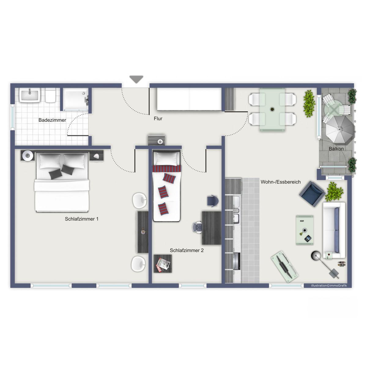Zwei Schlafzimmer, Wohn-Essbereich, Bad und Balkon mit Gartenmöbeln.