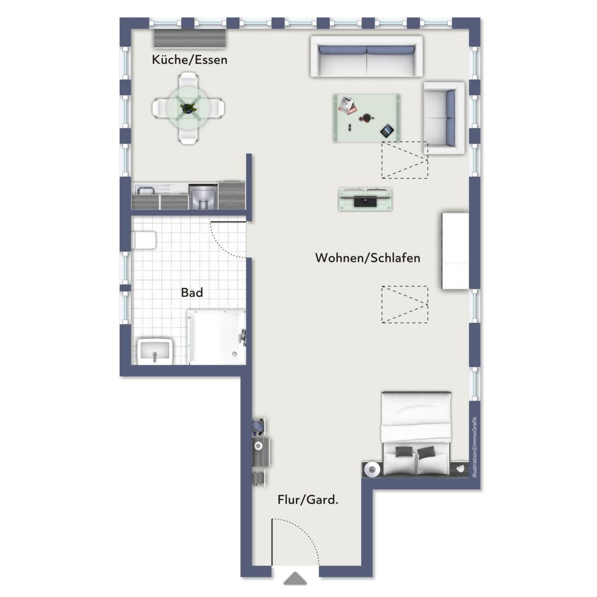 Wohnung mit Küche, Wohnbereich, Schlafzimmer, Bad und Flur.