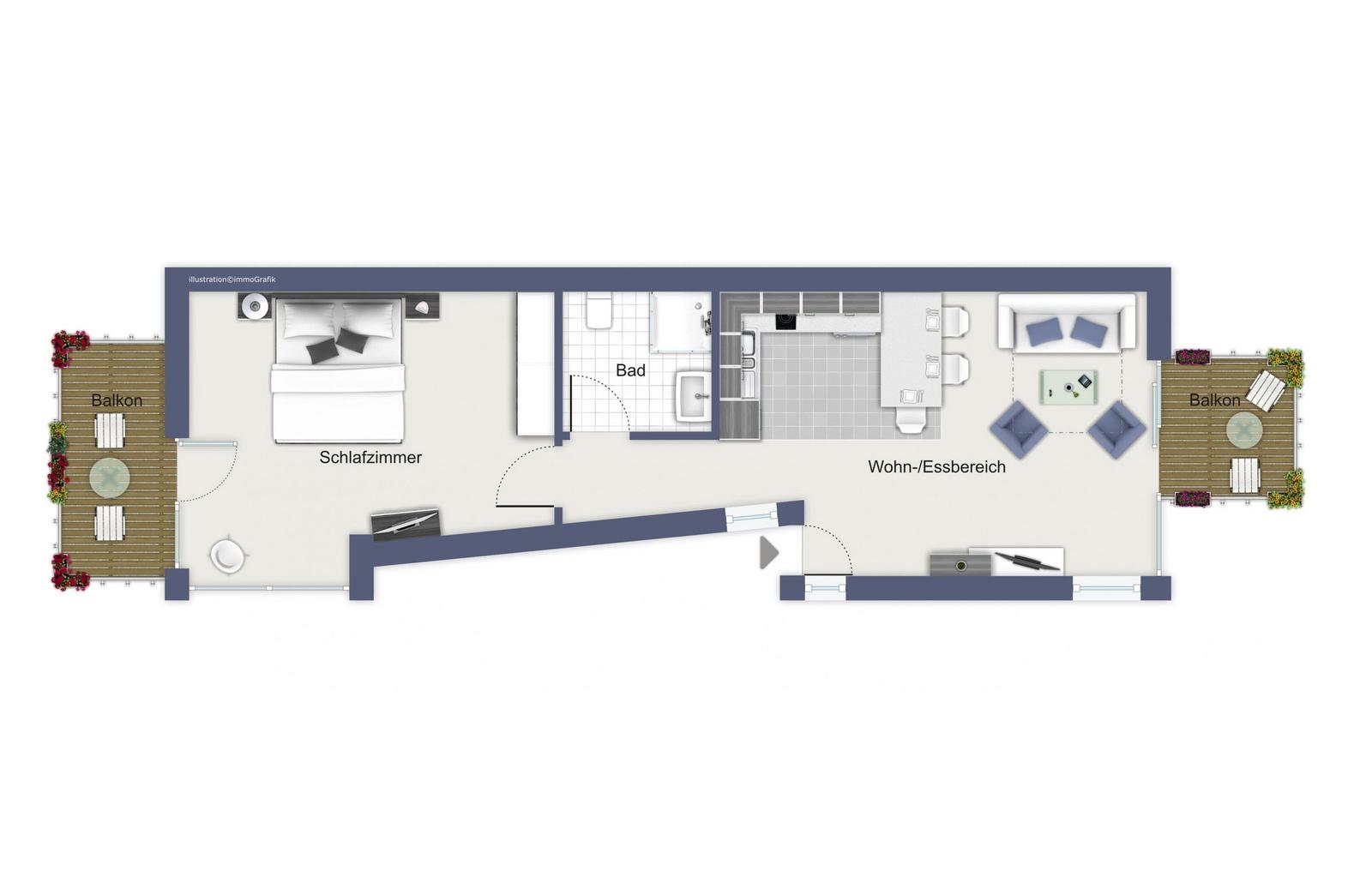 Wohnung mit Schlafzimmer, Bad, Wohn-Essbereich und zwei Balkonen.