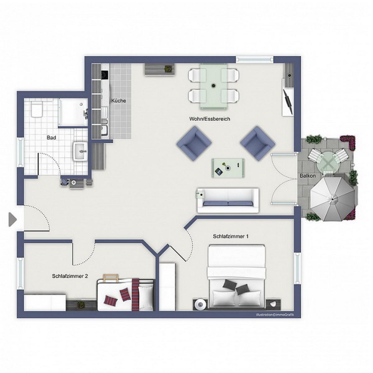 Wohnung mit zwei Schlafzimmern, Küche, Bad und Balkon mit Sitzgelegenheit.
