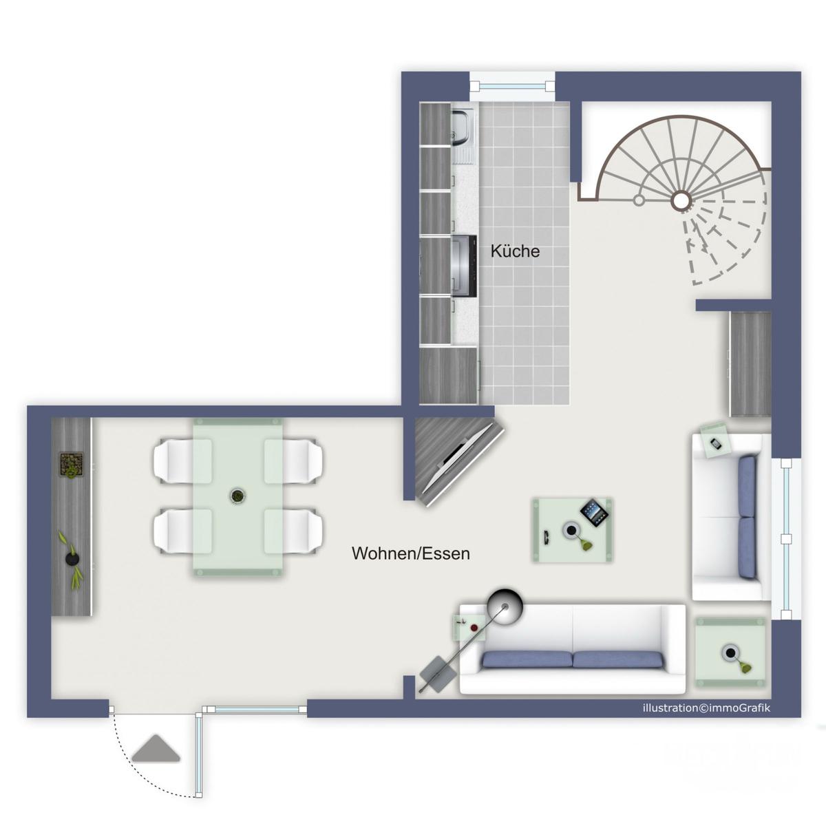 Drei Schlafzimmer, ein Badezimmer und ein Balkon mit Tisch und Sonnenschirm.