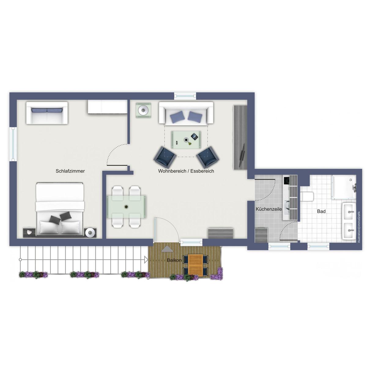 Wohnung mit Schlafzimmer, Wohn- und Essbereich, Küche und Bad. Außenbereich mit Balkon.