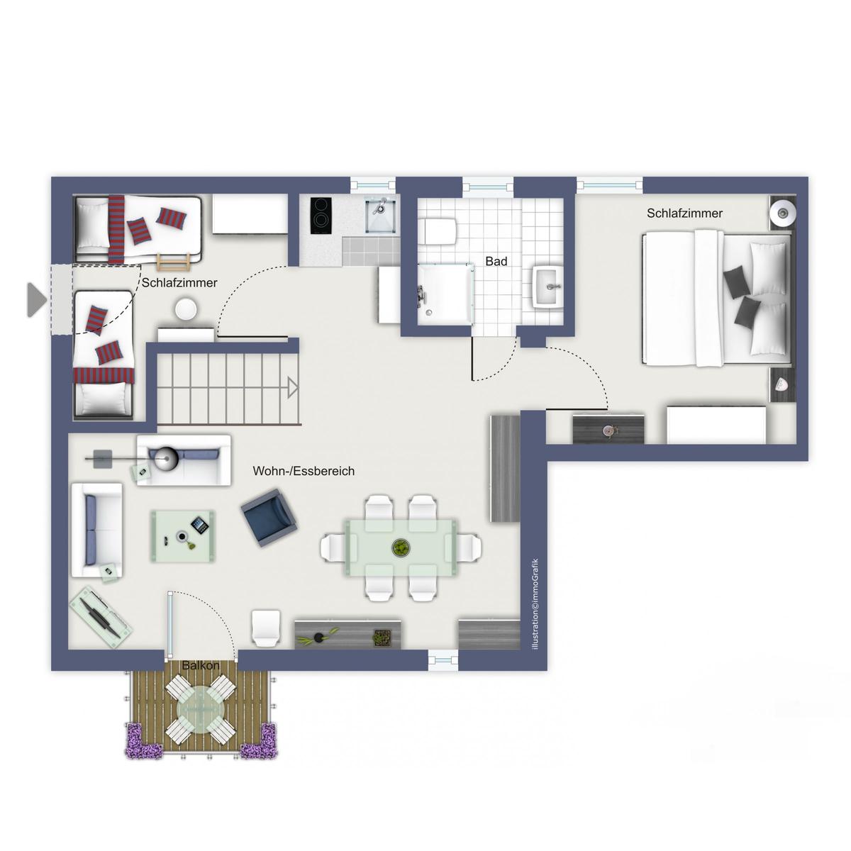 Wohnung mit drei Schlafzimmern, Bad, Wohn-Essbereich und Balkon.
