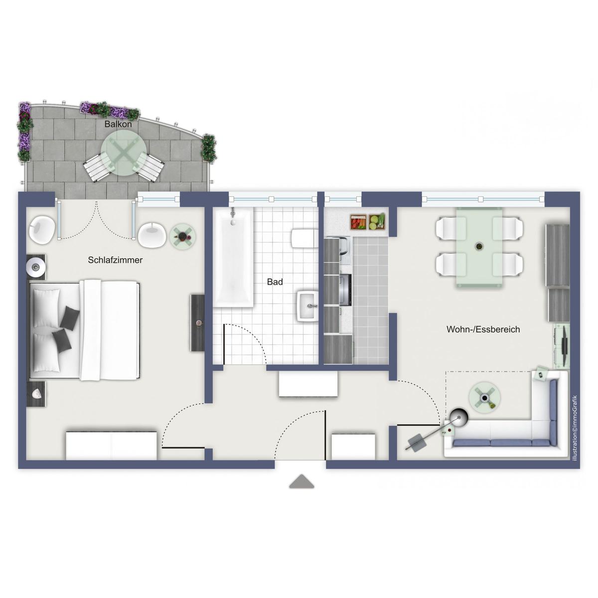 Dieses Apartment hat ein Schlafzimmer, ein Bad, eine Küche und einen Wohnbereich mit Balkon.