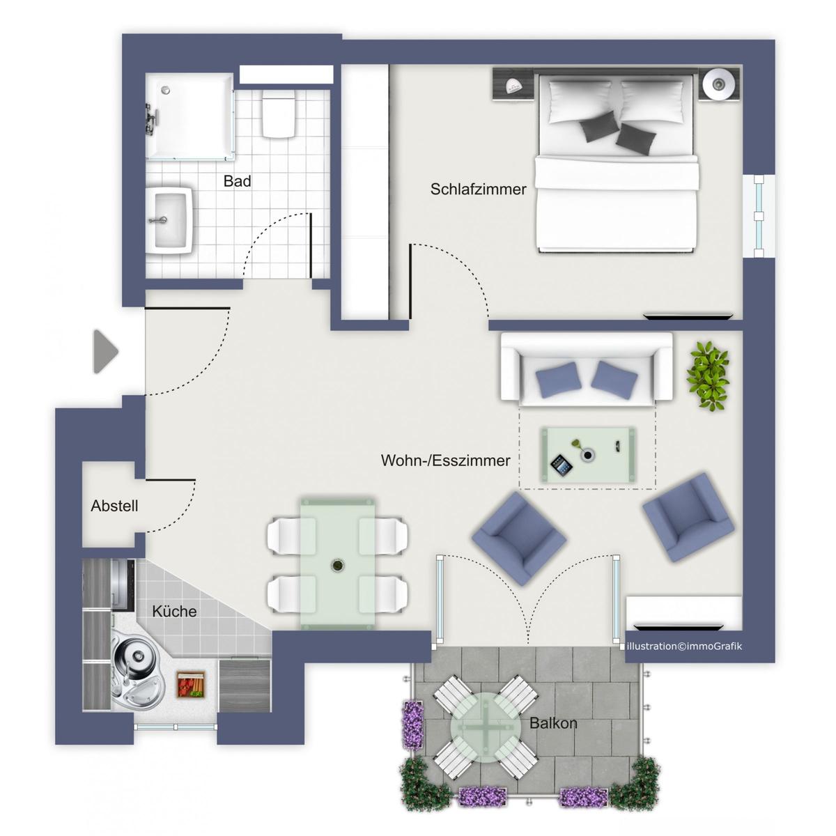 Wohnung mit Schlafzimmer, Küche, Bad und Balkon. Wohn-Esszimmer mit Sofa und Stühlen.