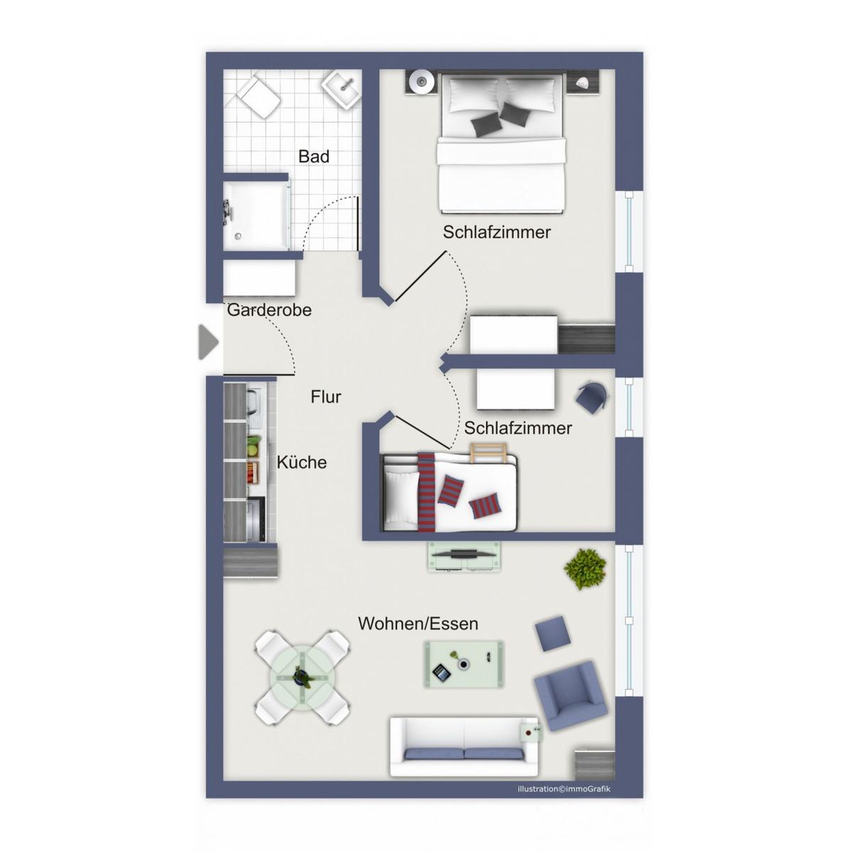 Zwei Schlafzimmer, Küche, Wohnbereich, Bad und Garderobe.