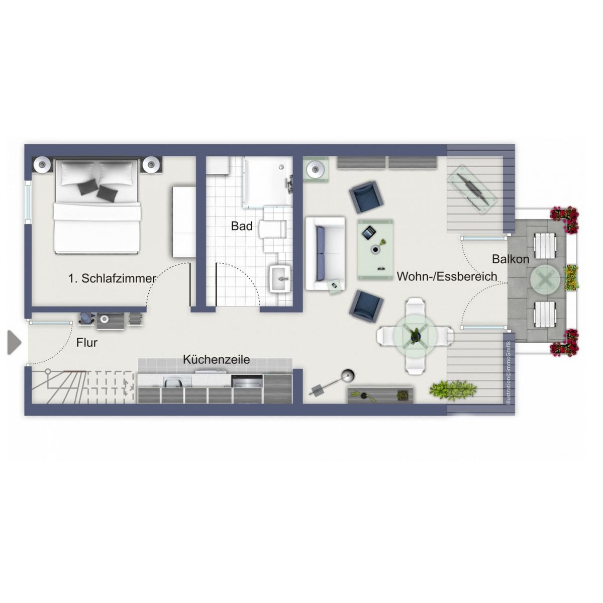 Zweites Schlafzimmer mit zwei Betten, Stauraum und Sitzgelegenheit.