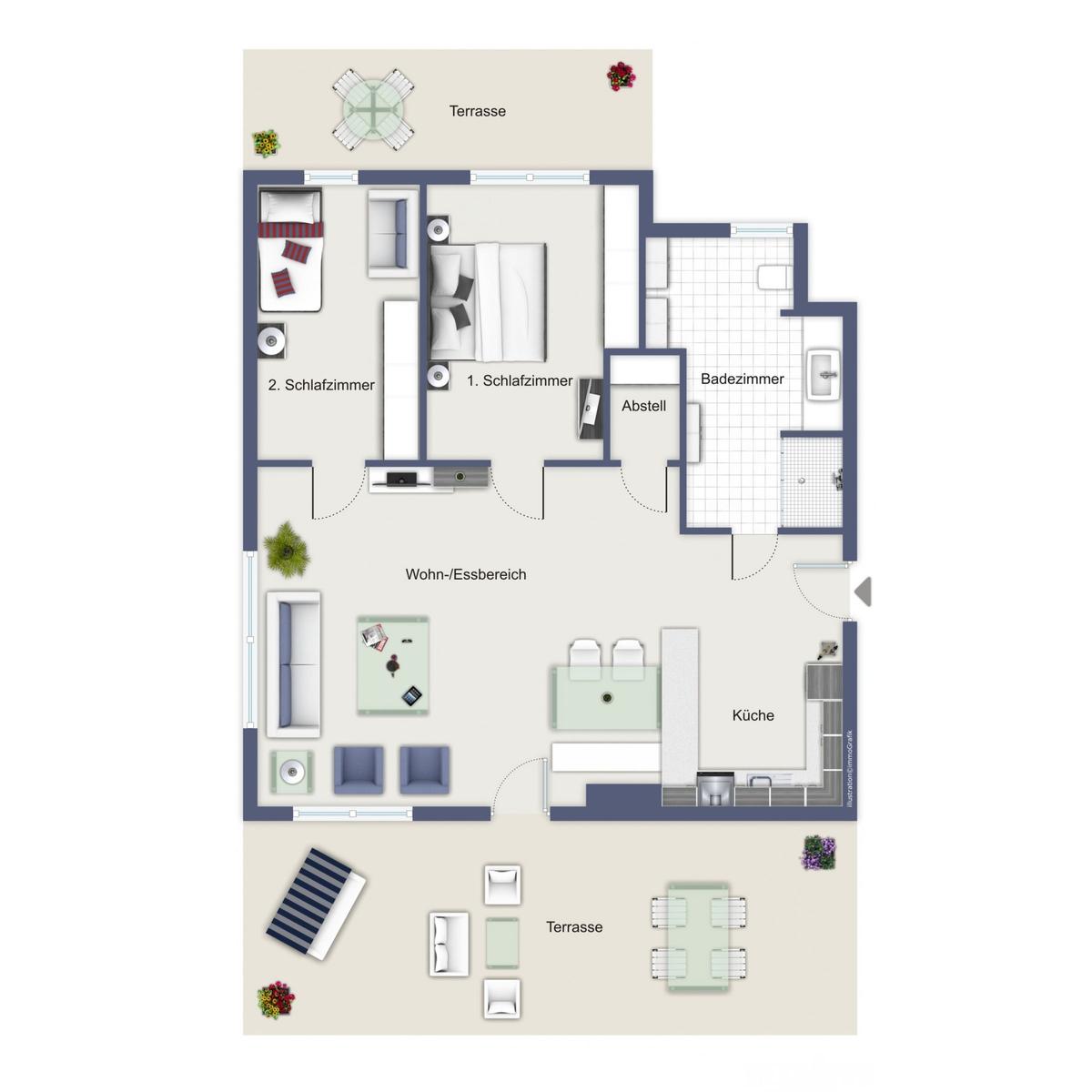 Zwei Schlafzimmer, Wohnbereich, Küche, Bad und Terrasse